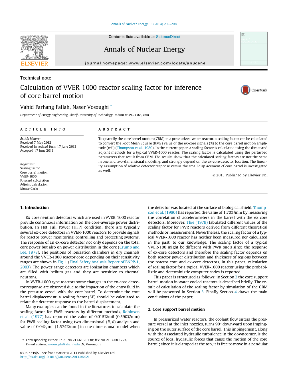 Calculation of VVER-1000 reactor scaling factor for inference of core barrel motion