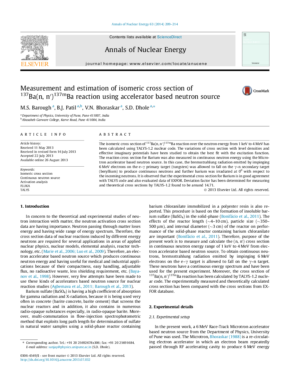 Measurement and estimation of isomeric cross section of 137Ba(n, nâ²)137mBa reaction using accelerator based neutron source