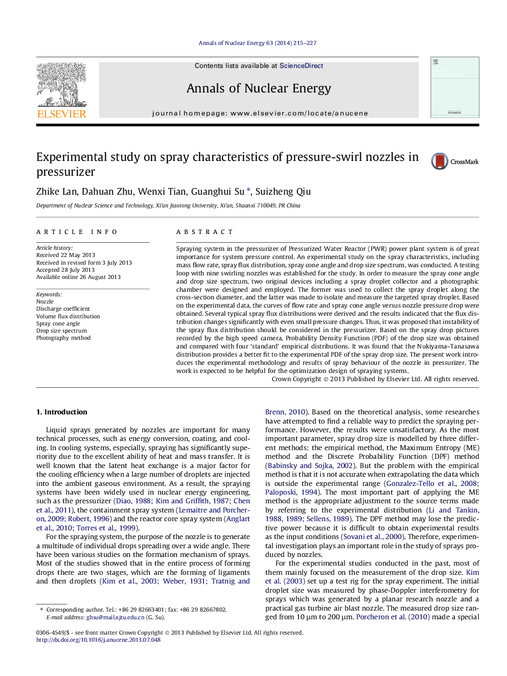 Experimental study on spray characteristics of pressure-swirl nozzles in pressurizer