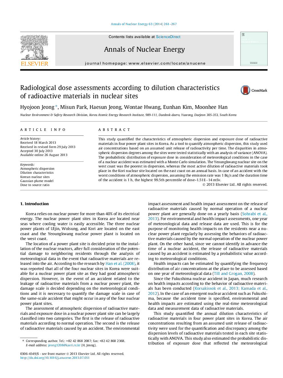 Radiological dose assessments according to dilution characteristics of radioactive materials in nuclear sites