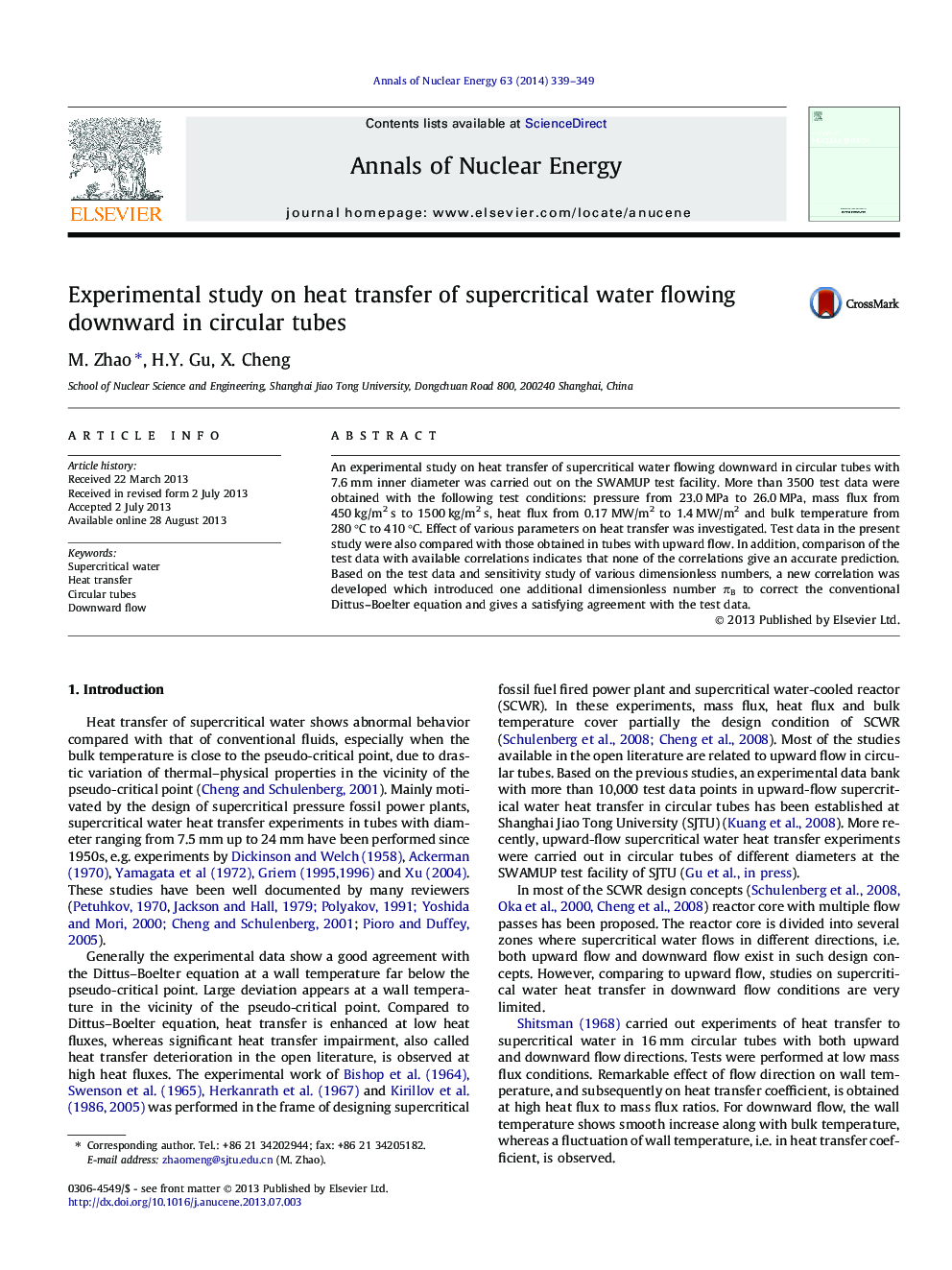 Experimental study on heat transfer of supercritical water flowing downward in circular tubes