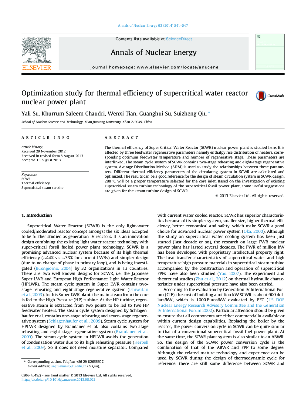 Optimization study for thermal efficiency of supercritical water reactor nuclear power plant