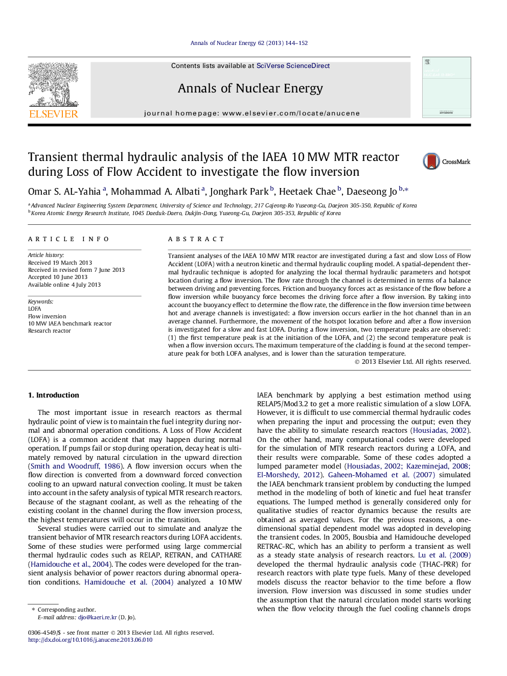 Transient thermal hydraulic analysis of the IAEA 10Â MW MTR reactor during Loss of Flow Accident to investigate the flow inversion