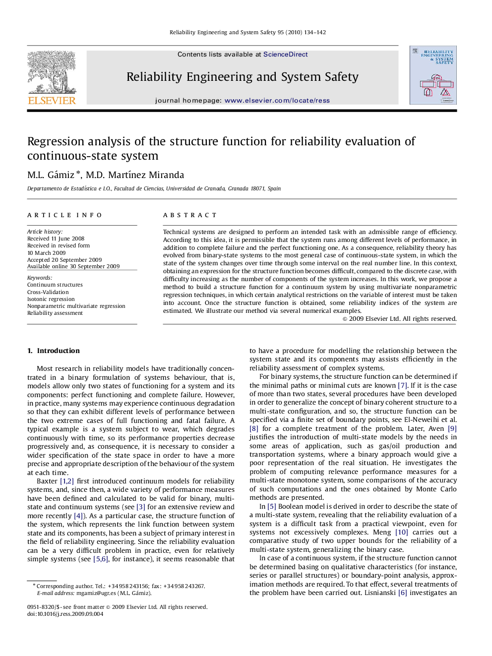 عکس صفحه اول مقاله: Regression analysis of the structure function for reliability evaluation of continuous-state system Regression analysis of the structure function for reliability evaluation of continuous-state system
