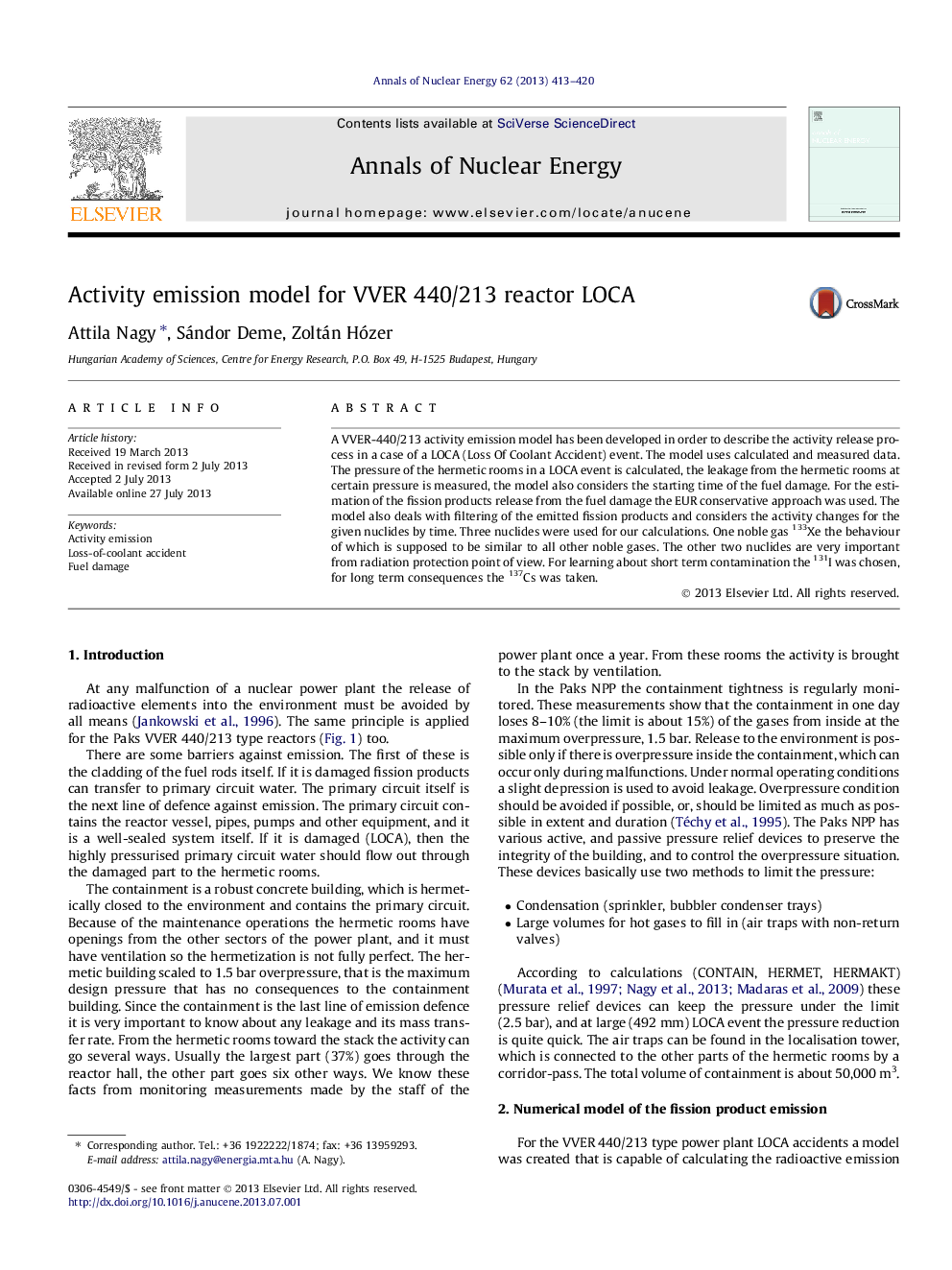 Activity emission model for VVER 440/213 reactor LOCA