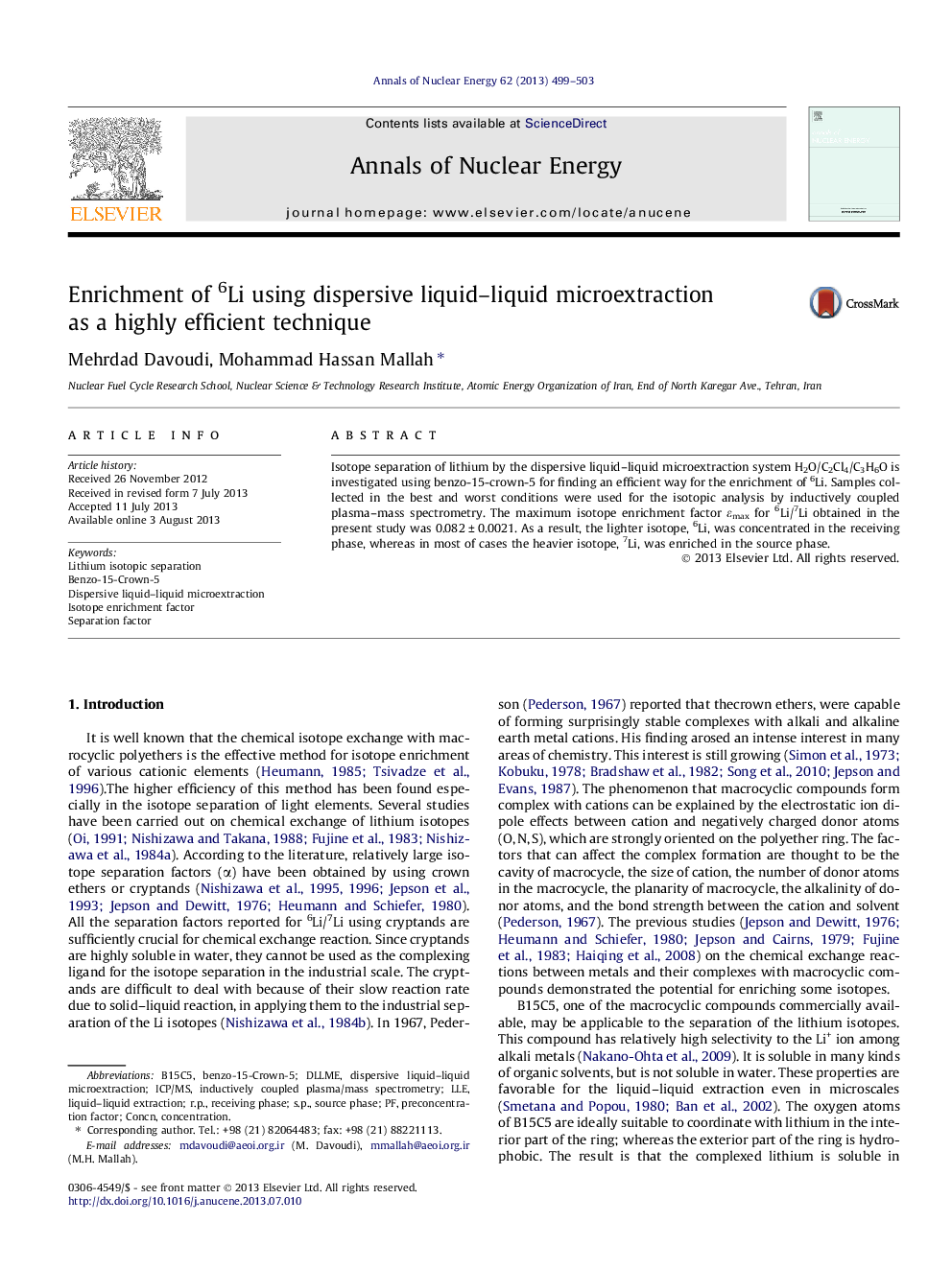 Enrichment of 6Li using dispersive liquid-liquid microextraction as a highly efficient technique