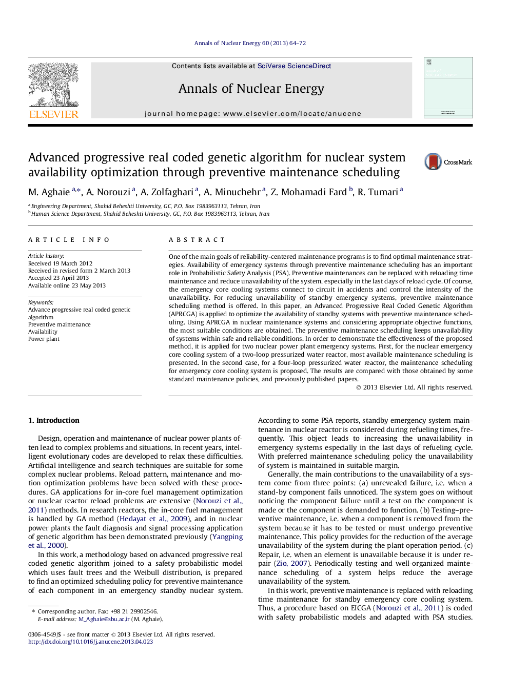 Advanced progressive real coded genetic algorithm for nuclear system availability optimization through preventive maintenance scheduling