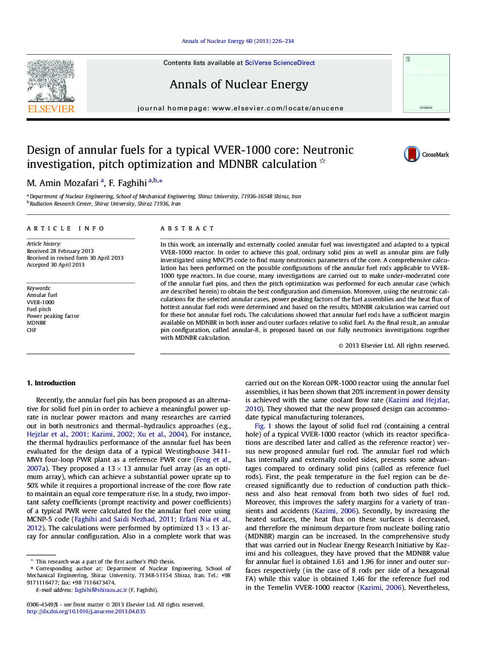 Design of annular fuels for a typical VVER-1000 core: Neutronic investigation, pitch optimization and MDNBR calculation