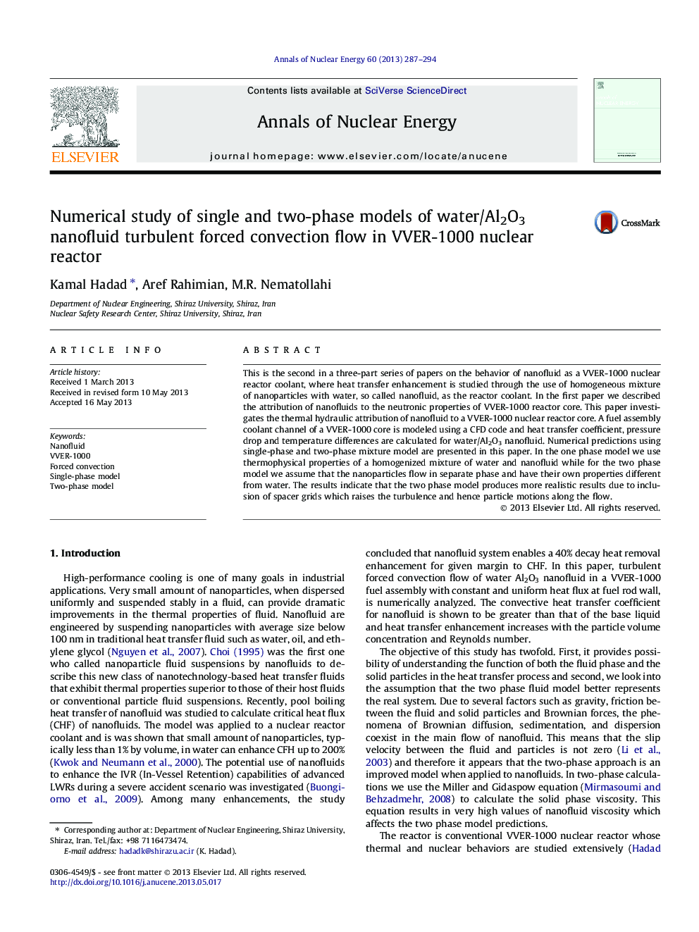 Numerical study of single and two-phase models of water/Al2O3 nanofluid turbulent forced convection flow in VVER-1000 nuclear reactor