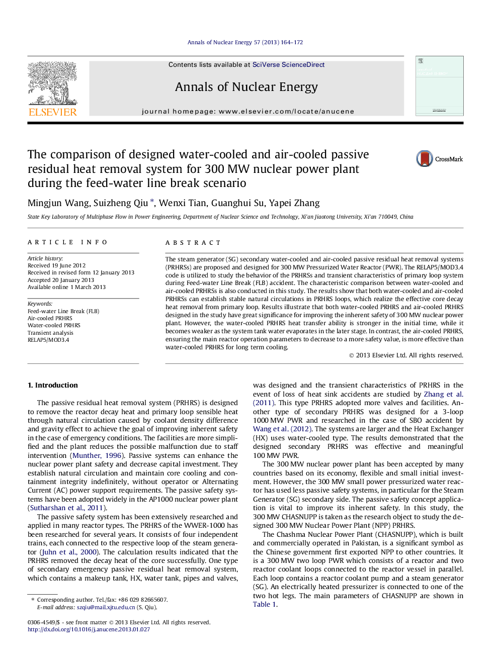 The comparison of designed water-cooled and air-cooled passive residual heat removal system for 300Â MW nuclear power plant during the feed-water line break scenario