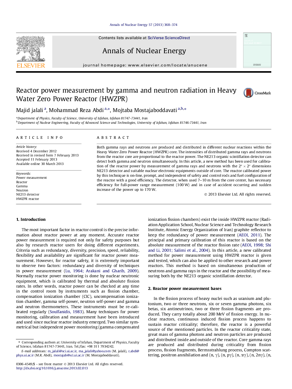 Reactor power measurement by gamma and neutron radiation in Heavy Water Zero Power Reactor (HWZPR)