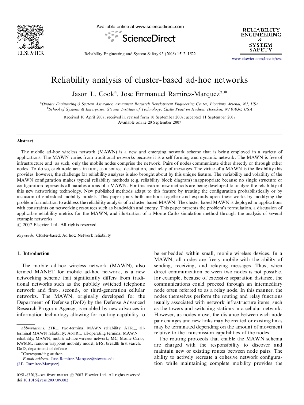 Reliability analysis of cluster-based ad-hoc networks