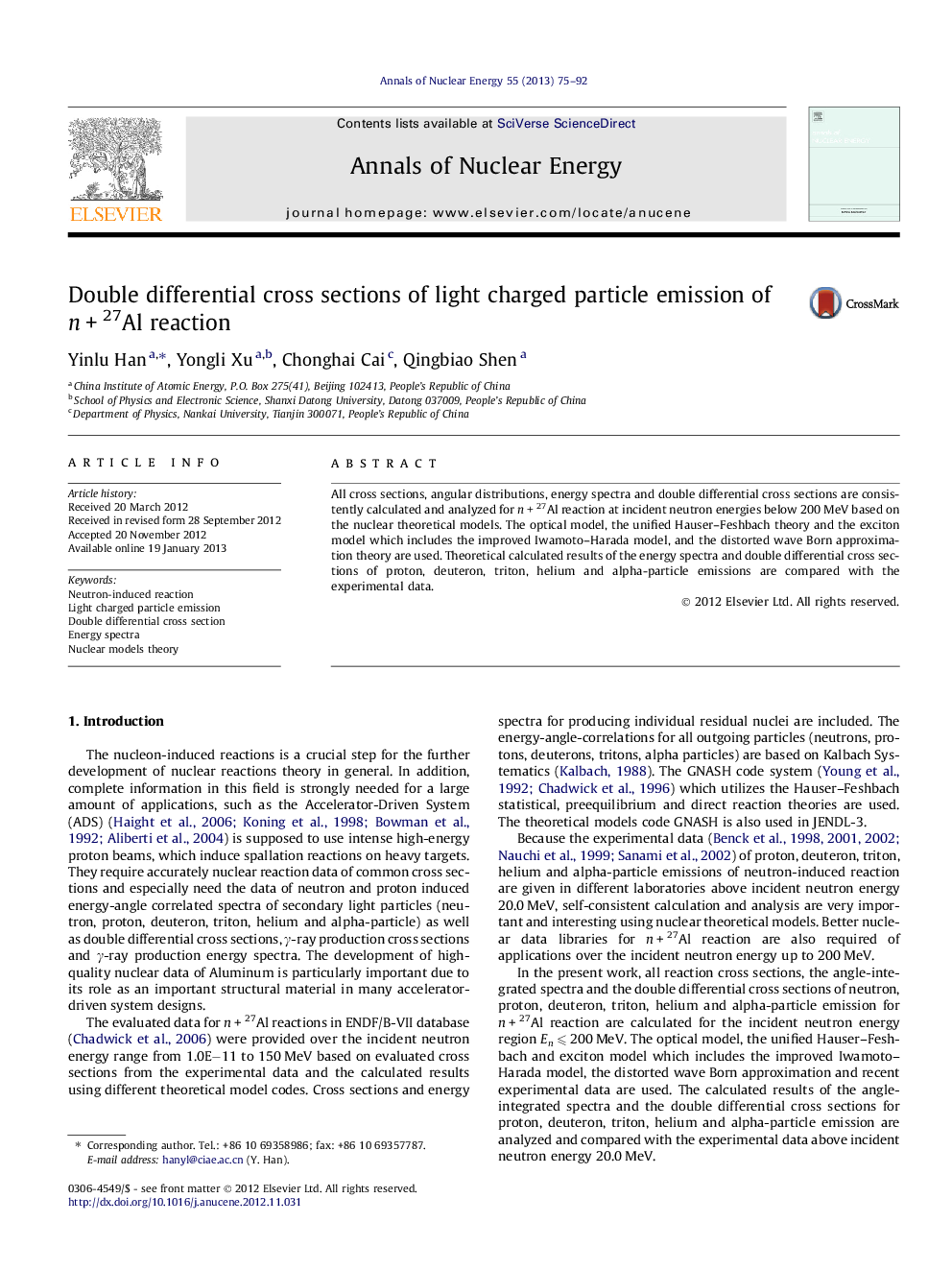 Double differential cross sections of light charged particle emission of nÂ +Â 27Al reaction