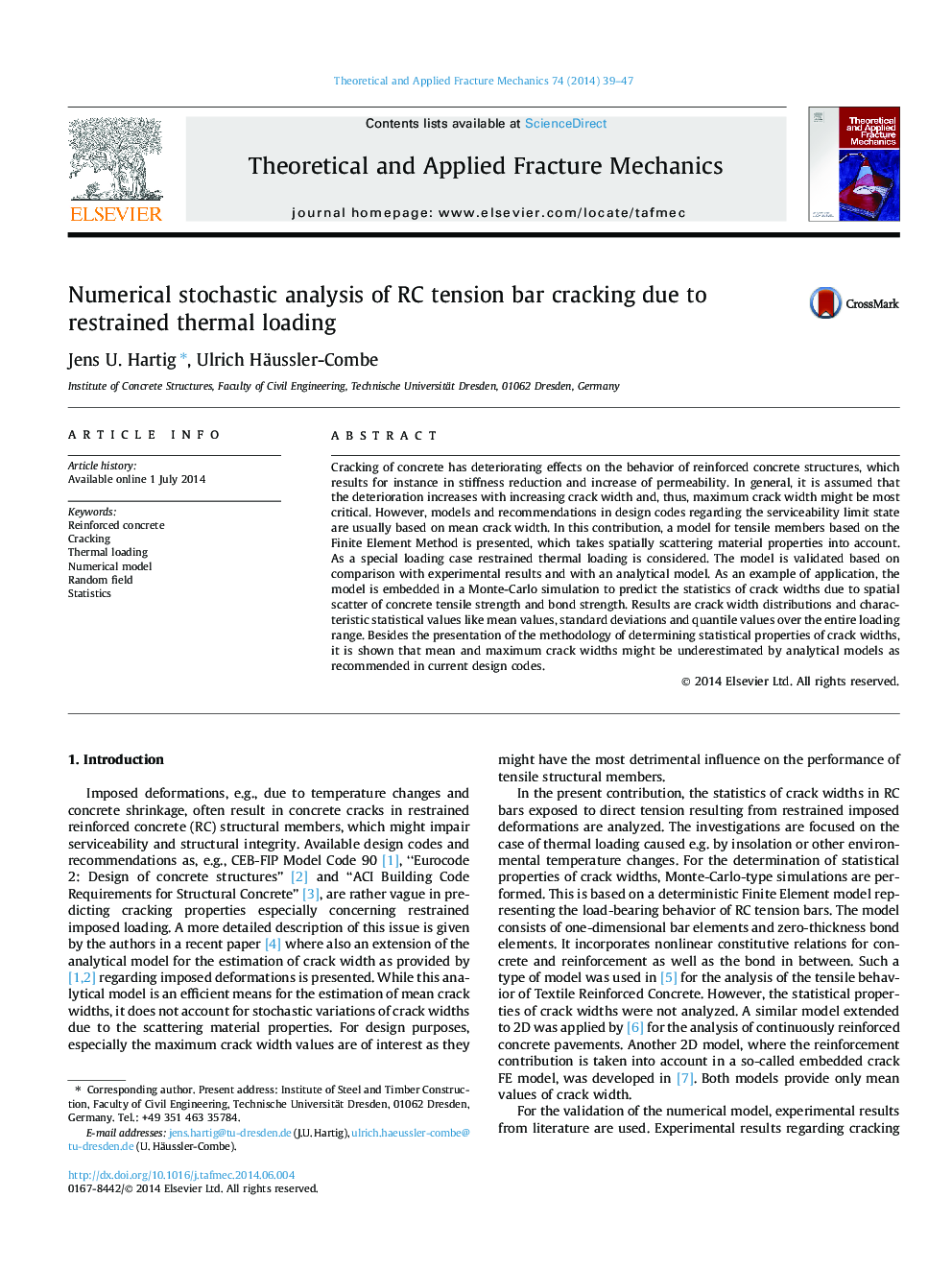 Numerical stochastic analysis of RC tension bar cracking due to restrained thermal loading