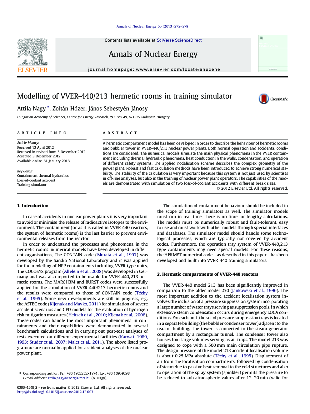 Modelling of VVER-440/213 hermetic rooms in training simulator