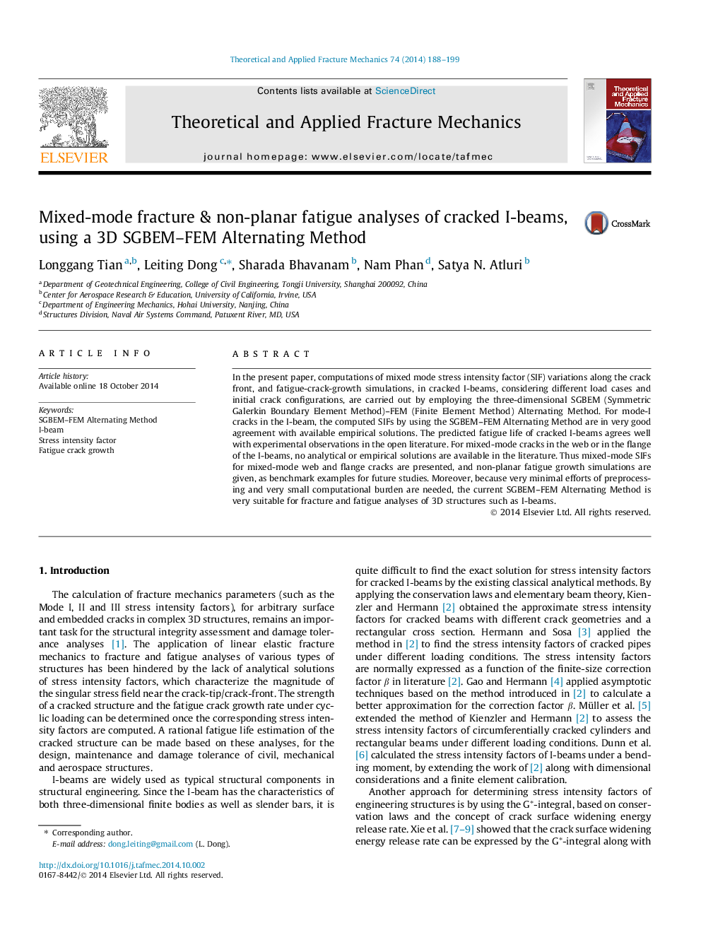 Mixed-mode fracture & non-planar fatigue analyses of cracked I-beams, using a 3D SGBEM–FEM Alternating Method