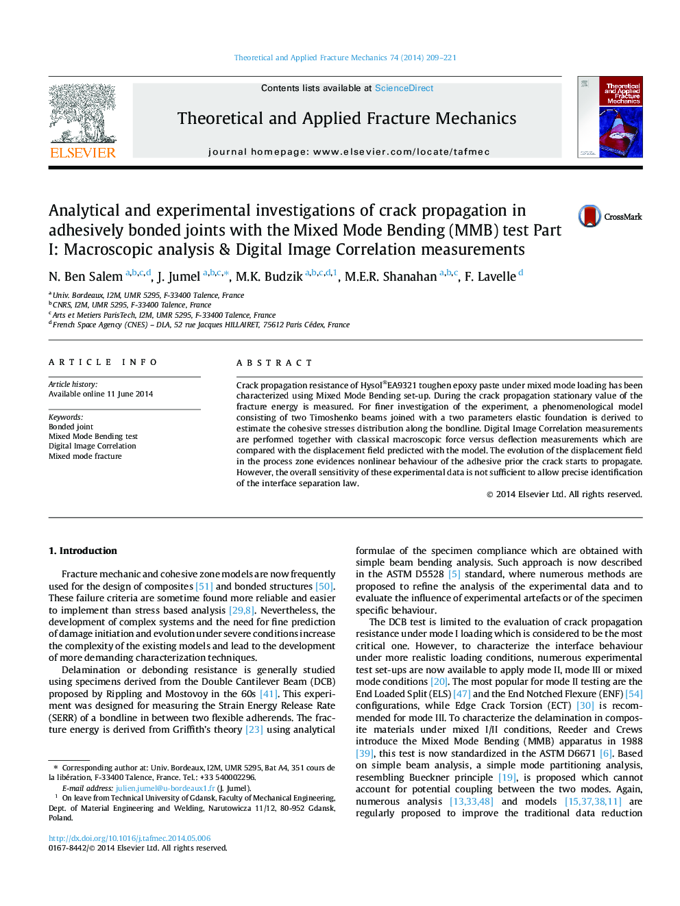 Analytical and experimental investigations of crack propagation in adhesively bonded joints with the Mixed Mode Bending (MMB) test Part I: Macroscopic analysis & Digital Image Correlation measurements