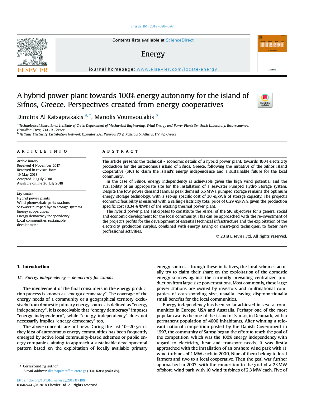 A hybrid power plant towards 100% energy autonomy for the island of Sifnos, Greece. Perspectives created from energy cooperatives