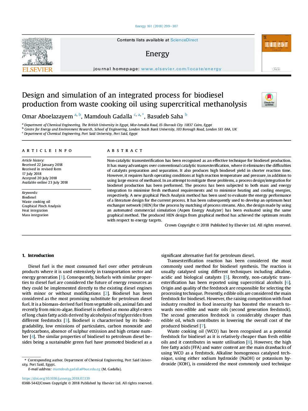 Design and simulation of an integrated process for biodiesel production from waste cooking oil using supercritical methanolysis