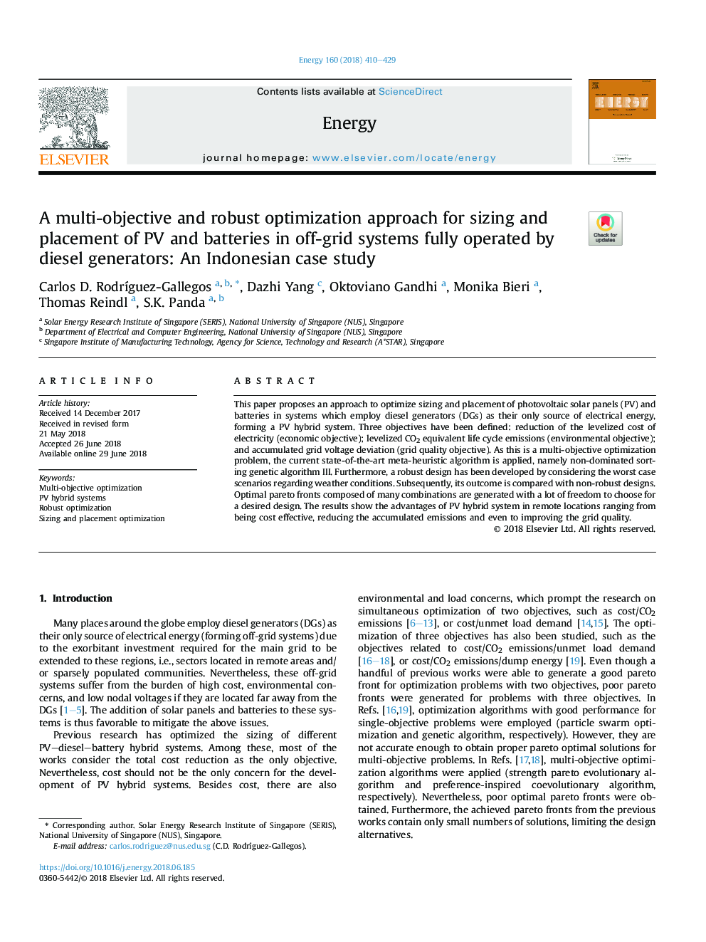 A multi-objective and robust optimization approach for sizing and placement of PV and batteries in off-grid systems fully operated by diesel generators: An Indonesian case study