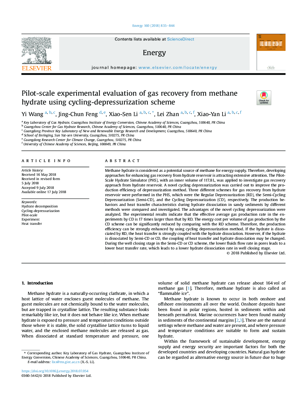 Pilot-scale experimental evaluation of gas recovery from methane hydrate using cycling-depressurization scheme