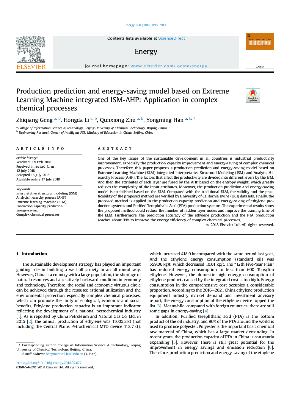 Production prediction and energy-saving model based on Extreme Learning Machine integrated ISM-AHP: Application in complex chemical processes