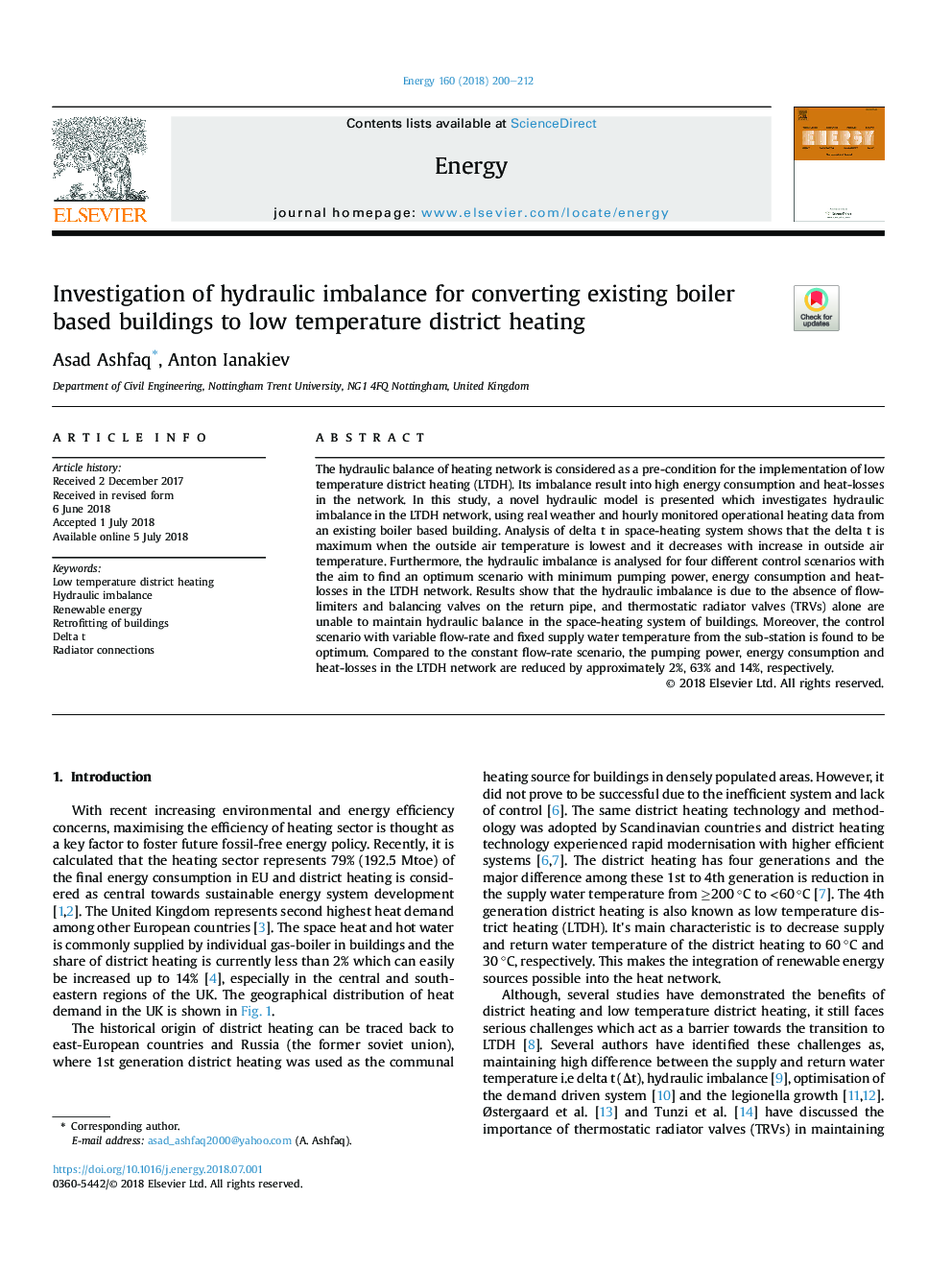 Investigation of hydraulic imbalance for converting existing boiler based buildings to low temperature district heating