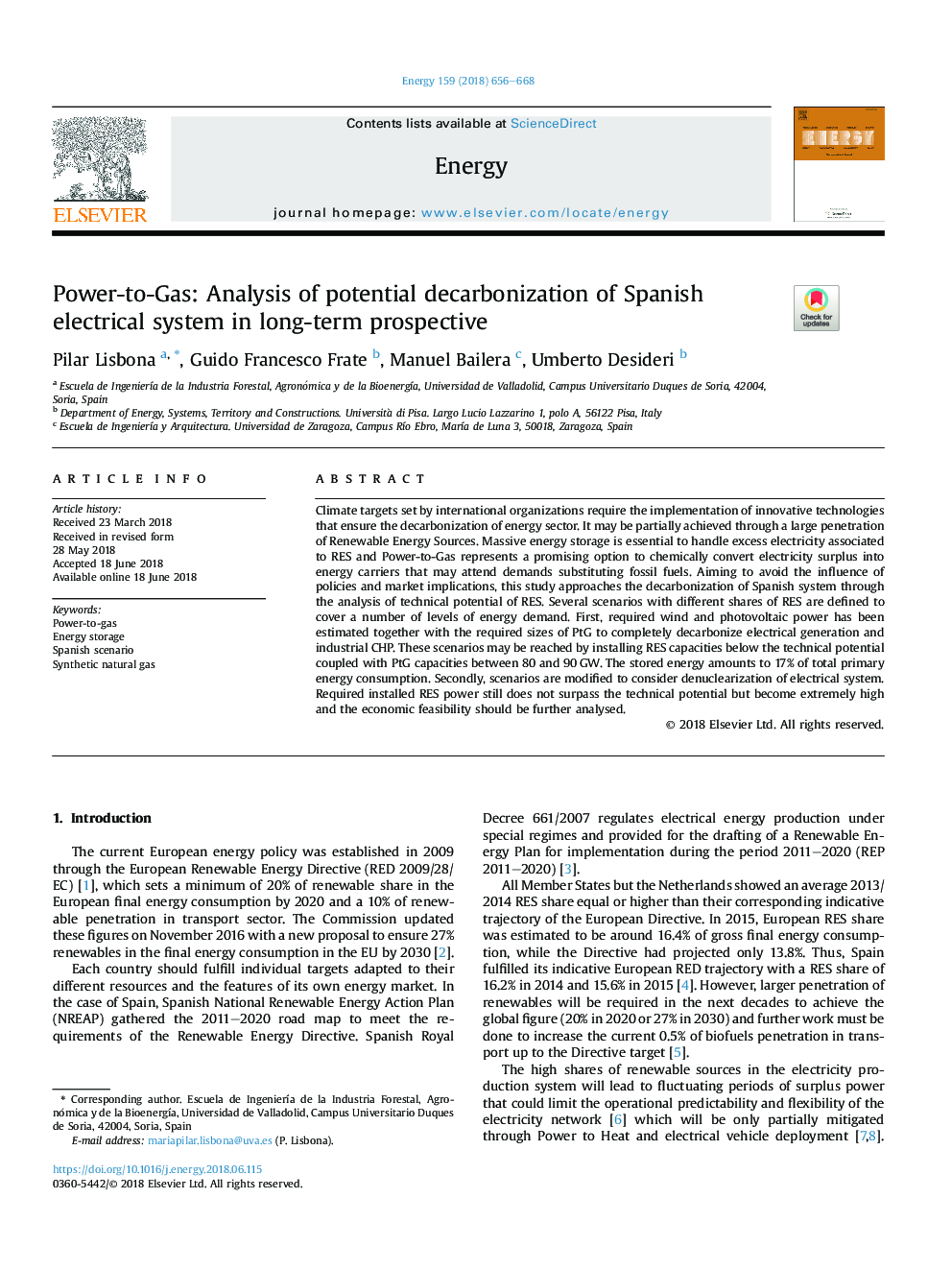 Power-to-Gas: Analysis of potential decarbonization of Spanish electrical system in long-term prospective