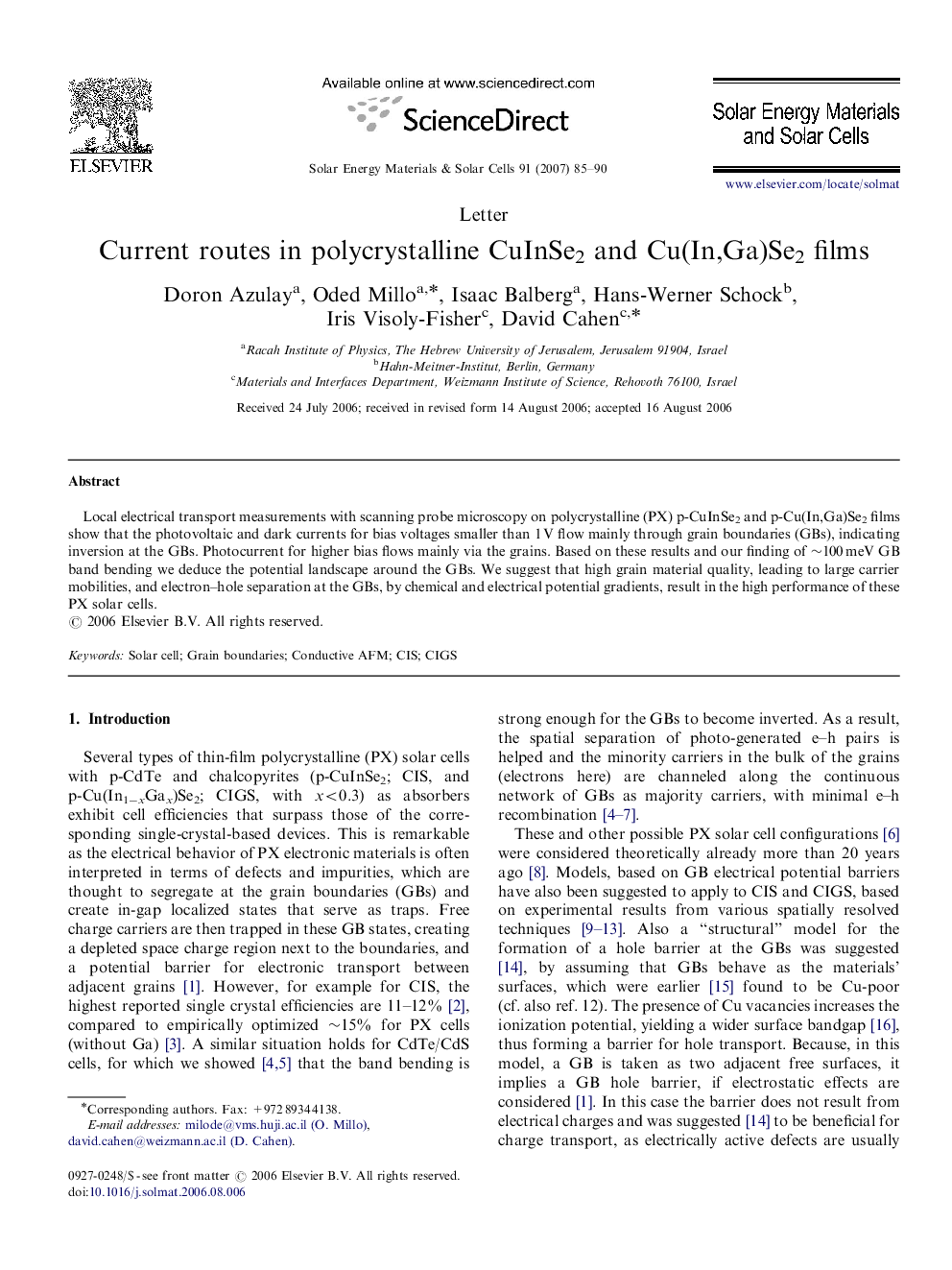 Current routes in polycrystalline CuInSe2 and Cu(In,Ga)Se2 films