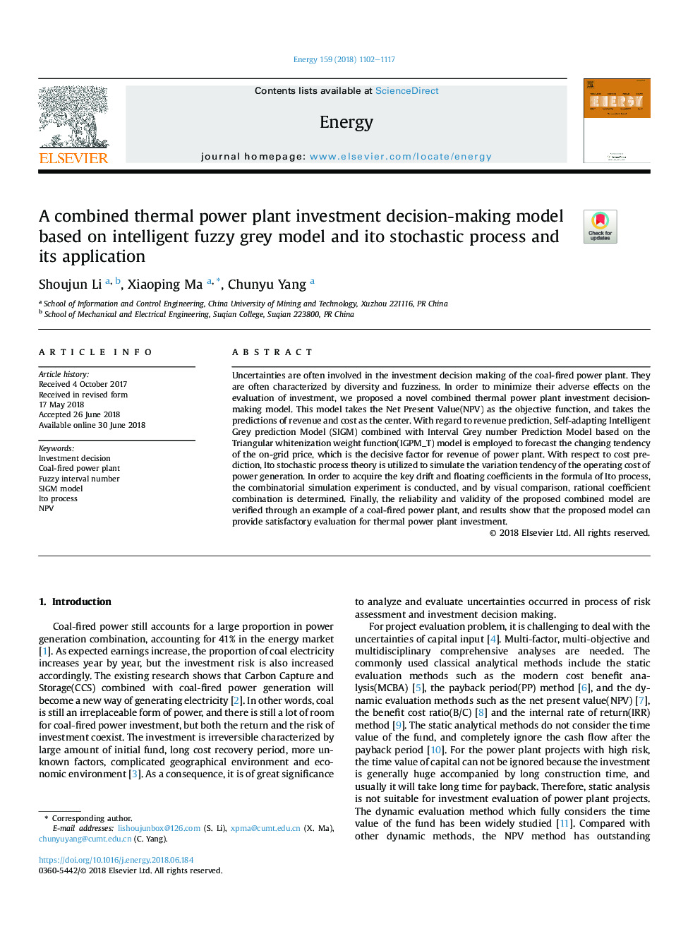 A combined thermal power plant investment decision-making model based on intelligent fuzzy grey model and ito stochastic process and its application