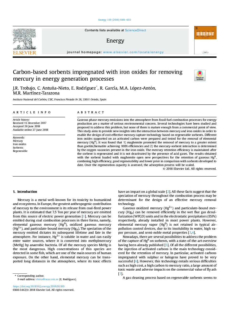 Carbon-based sorbents impregnated with iron oxides for removing mercury in energy generation processes