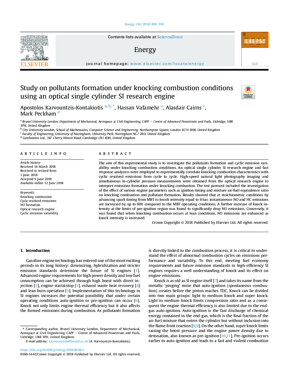 Study on pollutants formation under knocking combustion conditions using an optical single cylinder SI research engine