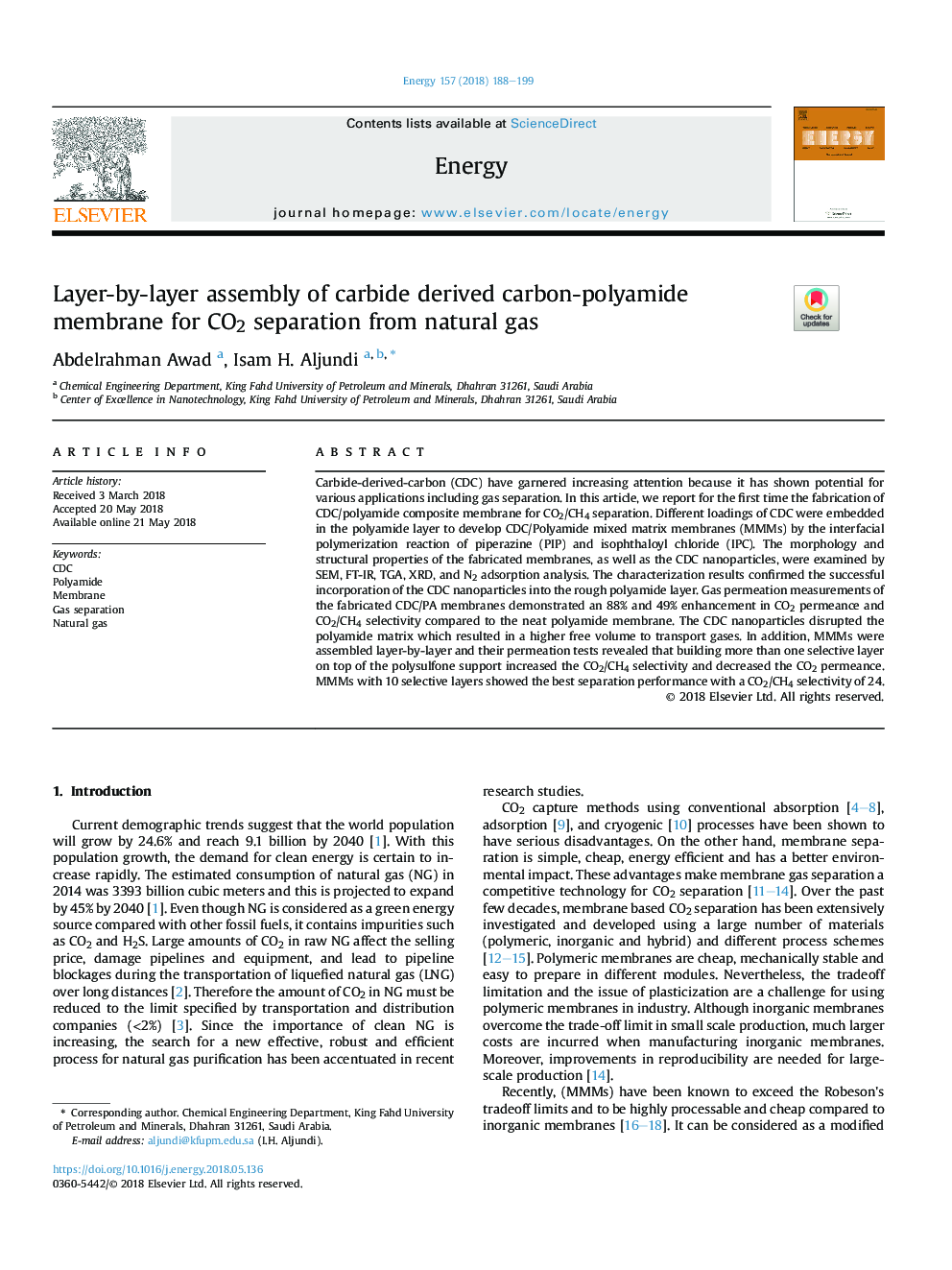 Layer-by-layer assembly of carbide derived carbon-polyamide membrane for CO2 separation from natural gas