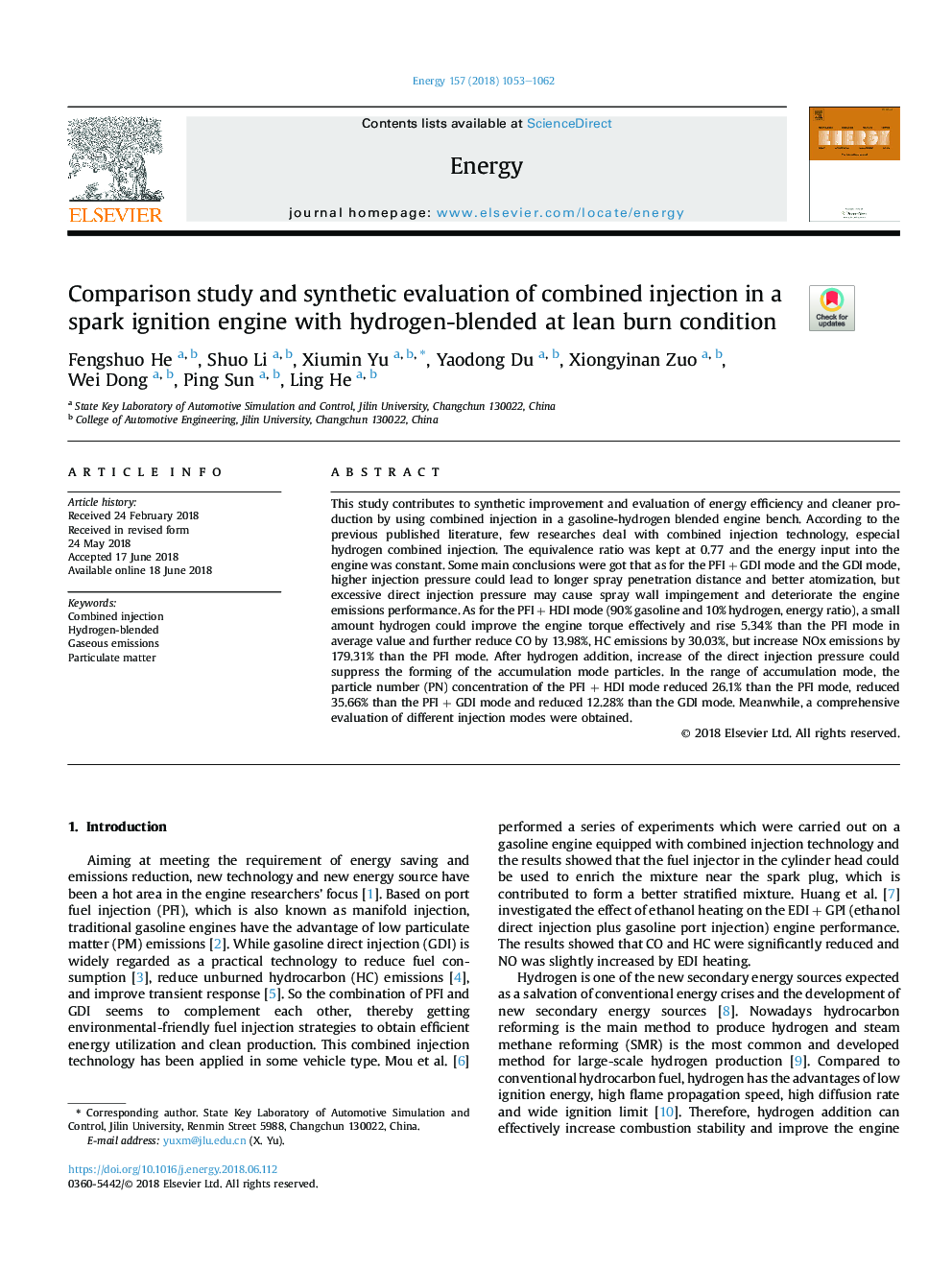 Comparison study and synthetic evaluation of combined injection in a spark ignition engine with hydrogen-blended at lean burn condition