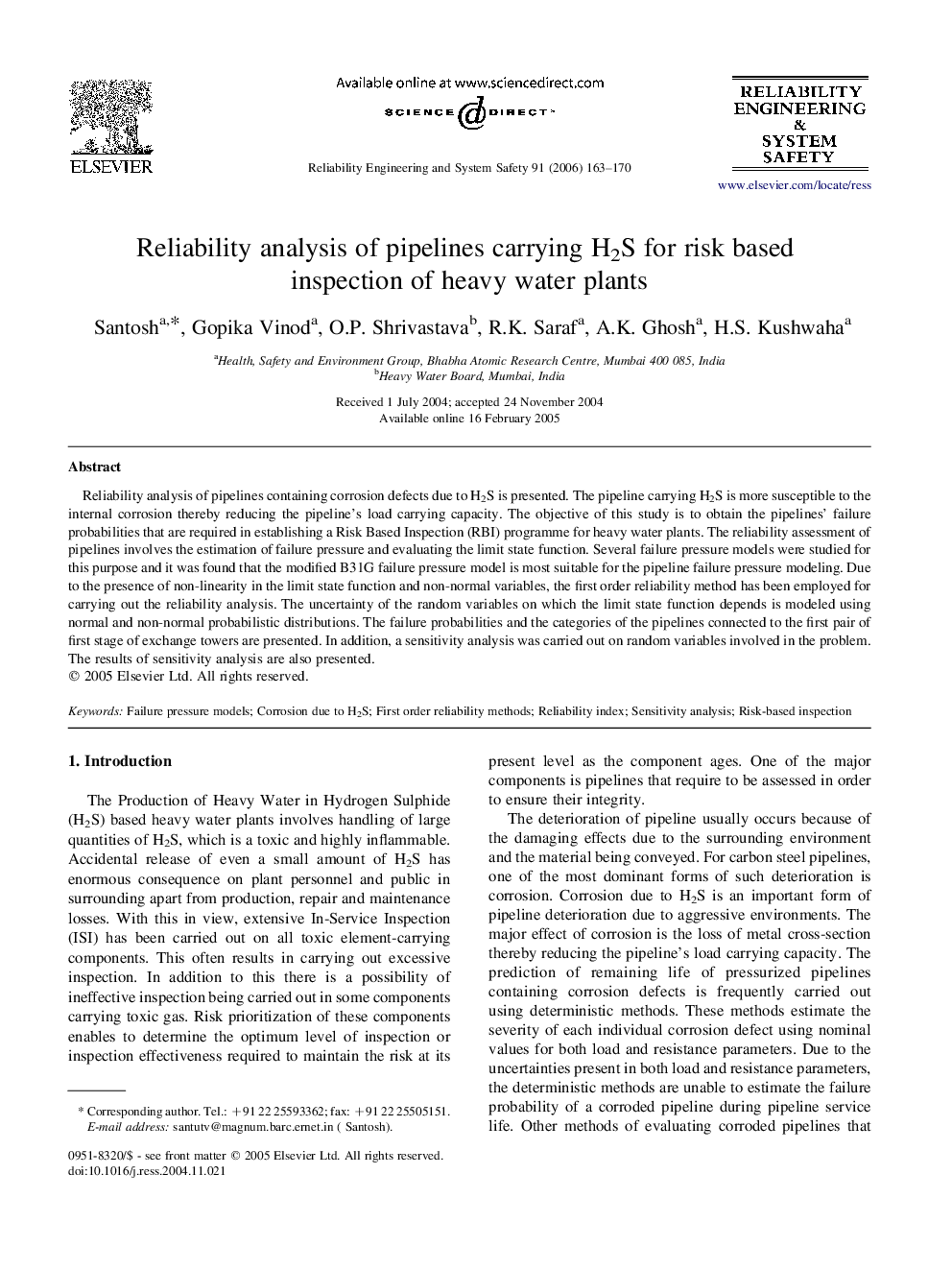 Reliability analysis of pipelines carrying H2S for risk based inspection of heavy water plants