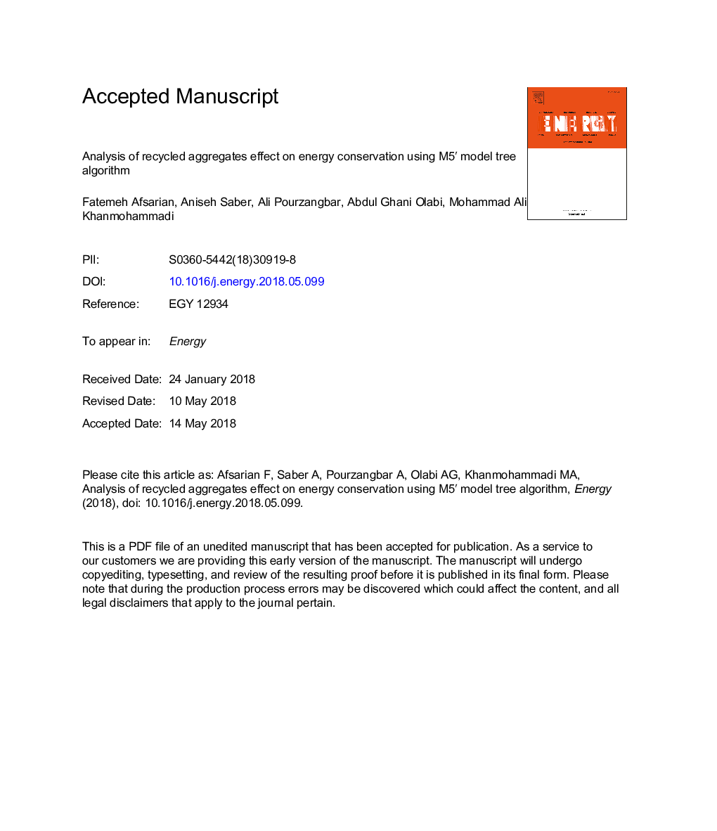 Analysis of recycled aggregates effect on energy conservation using M5â² model tree algorithm