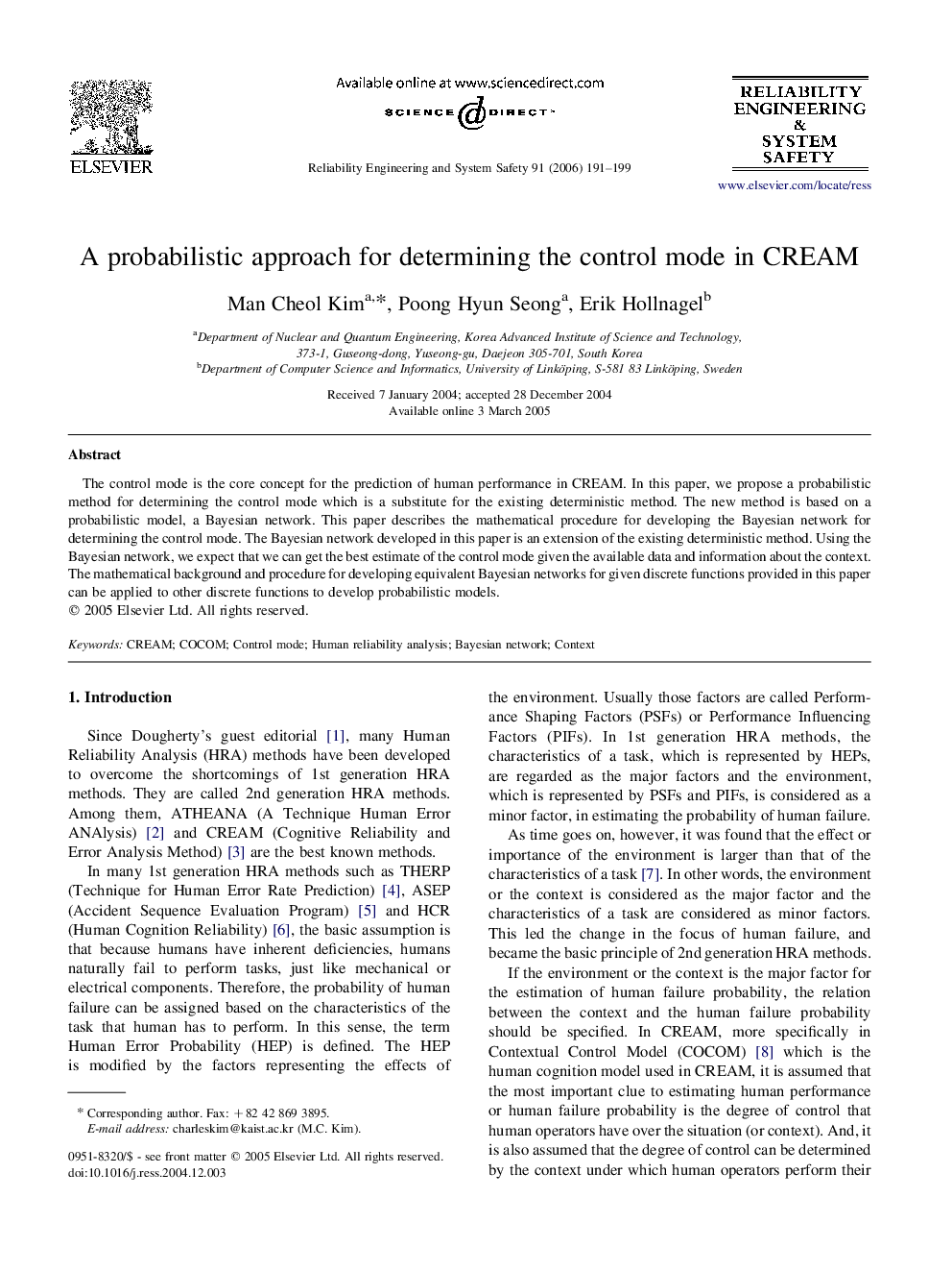 A probabilistic approach for determining the control mode in CREAM