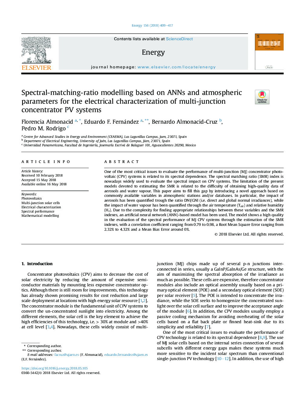 Spectral-matching-ratio modelling based on ANNs and atmospheric parameters for the electrical characterization of multi-junction concentrator PV systems