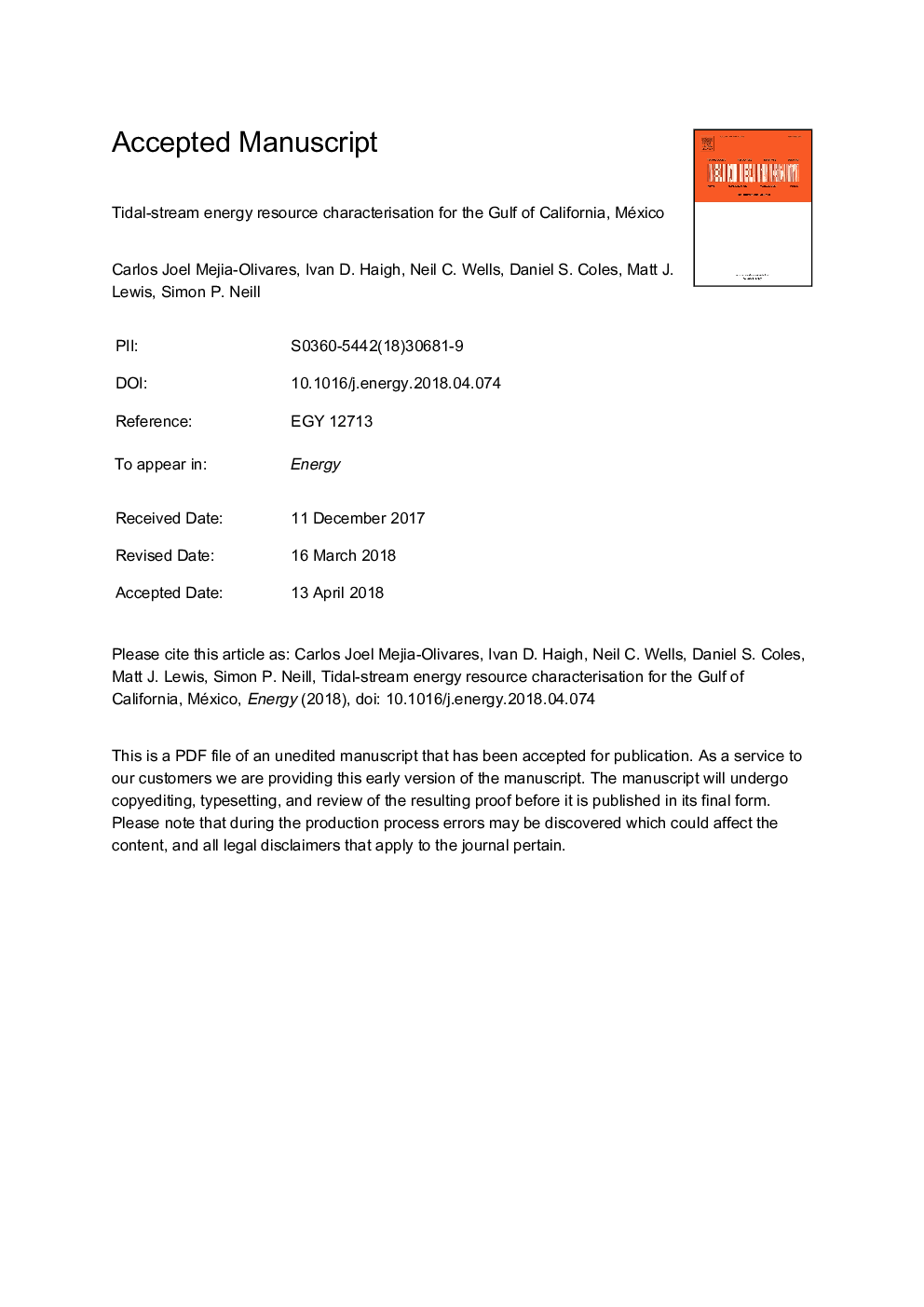 Tidal-stream energy resource characterization for the Gulf of California, México