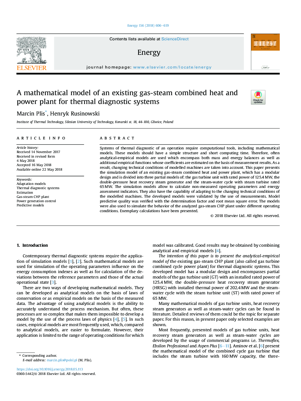 A mathematical model of an existing gas-steam combined heat and power plant for thermal diagnostic systems