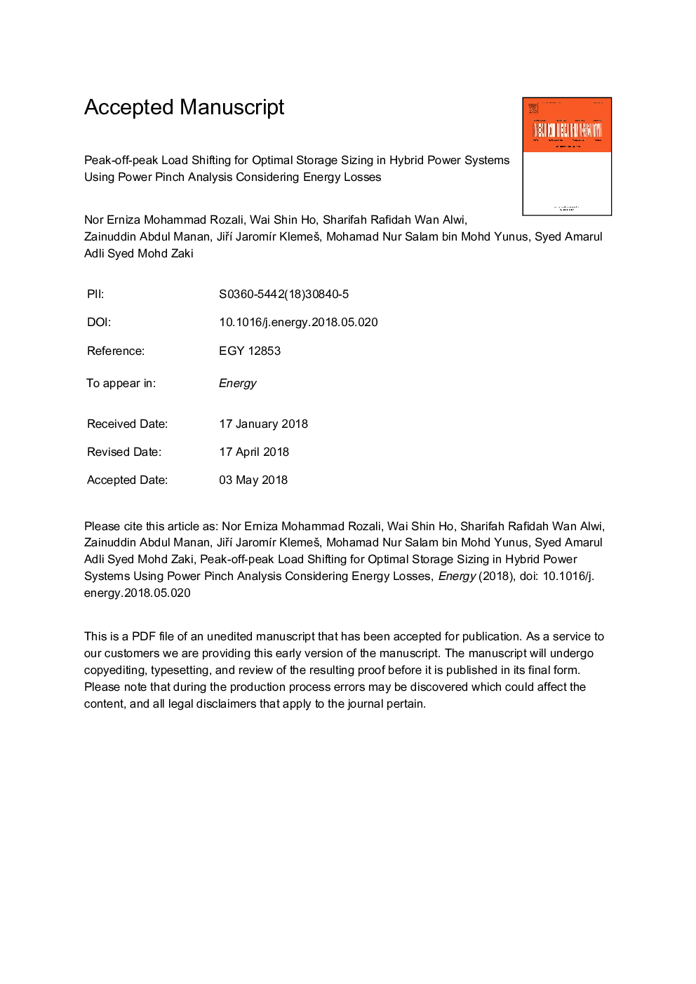 Peak-off-peak load shifting for optimal storage sizing in hybrid power systems using Power Pinch Analysis considering energy losses