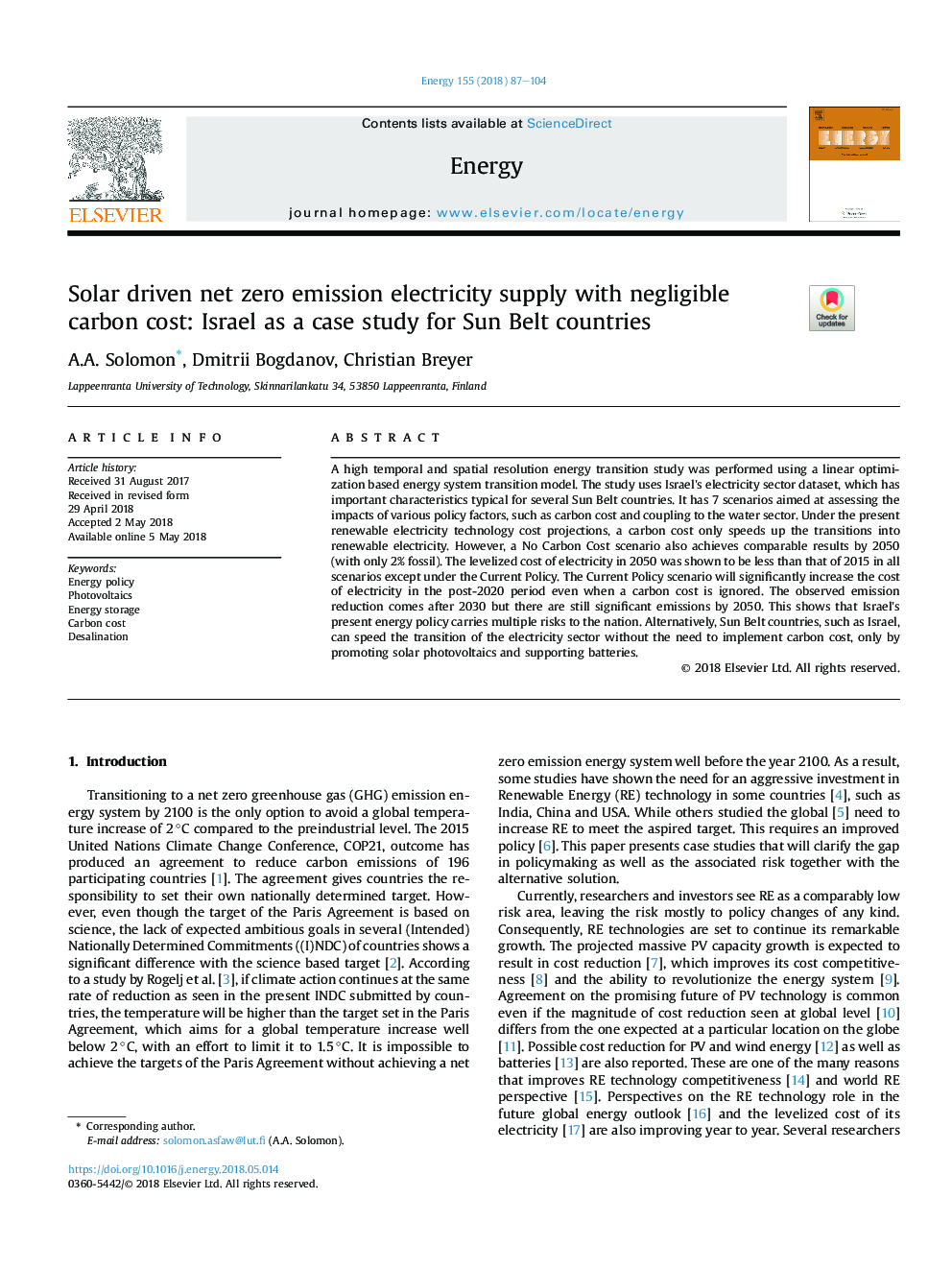 Solar driven net zero emission electricity supply with negligible carbon cost: Israel as a case study for Sun Belt countries