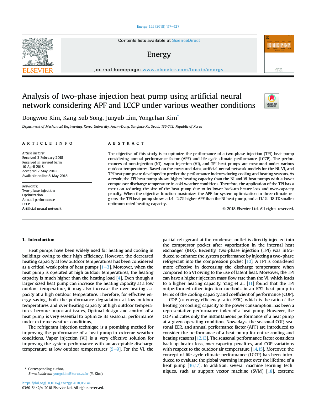 Analysis of two-phase injection heat pump using artificial neural network considering APF and LCCP under various weather conditions
