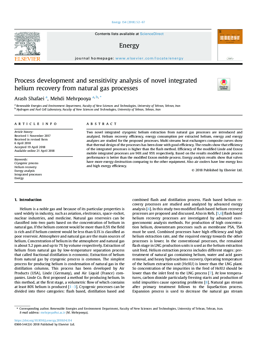 Process development and sensitivity analysis of novel integrated helium recovery from natural gas processes