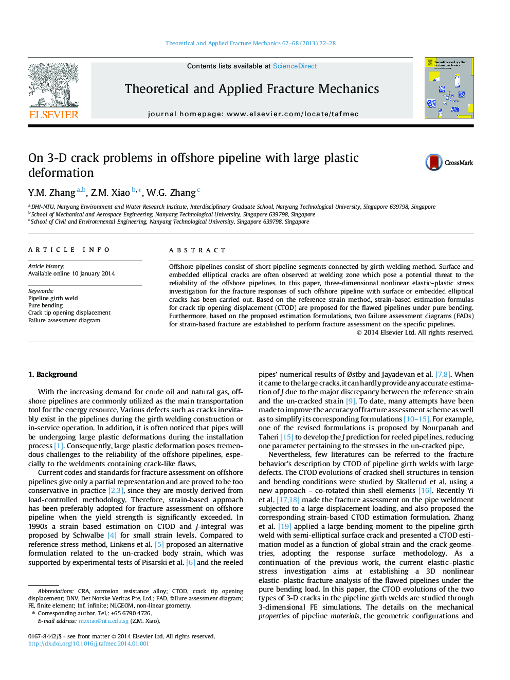 On 3-D crack problems in offshore pipeline with large plastic deformation