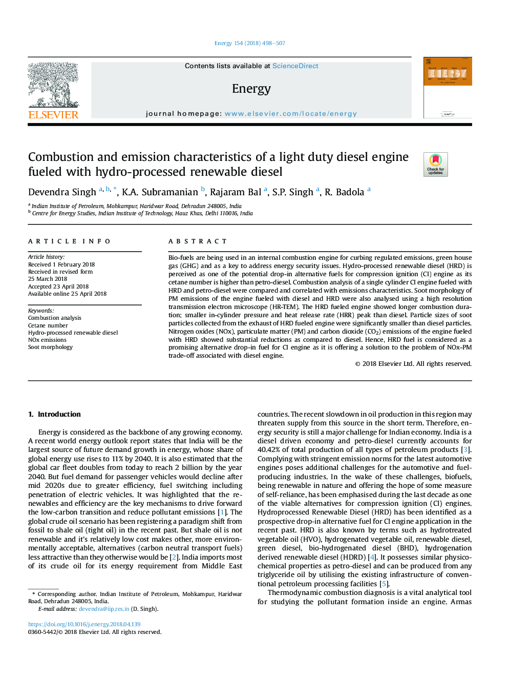 Combustion and emission characteristics of a light duty diesel engine fueled with hydro-processed renewable diesel