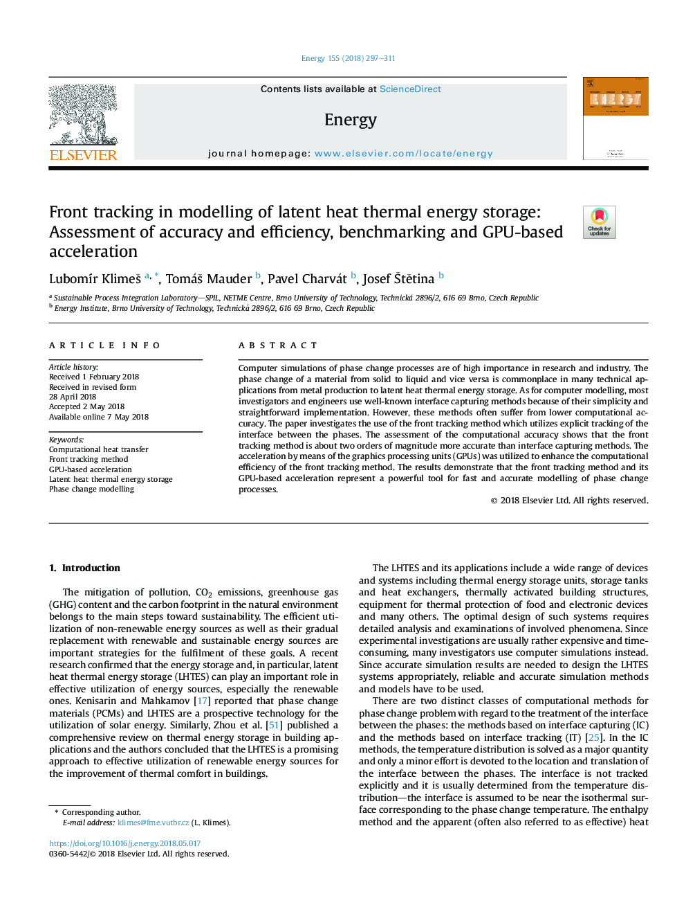 Front tracking in modelling of latent heat thermal energy storage: Assessment of accuracy and efficiency, benchmarking and GPU-based acceleration