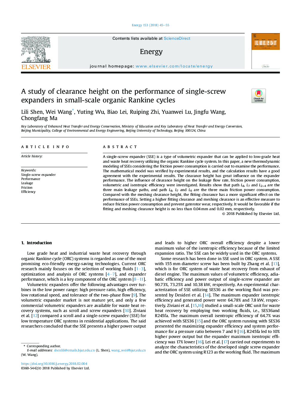 A study of clearance height on the performance of single-screw expanders in small-scale organic Rankine cycles