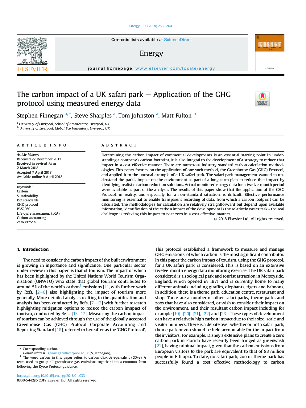 The carbon impact of a UK safari park - Application of the GHG protocol using measured energy data