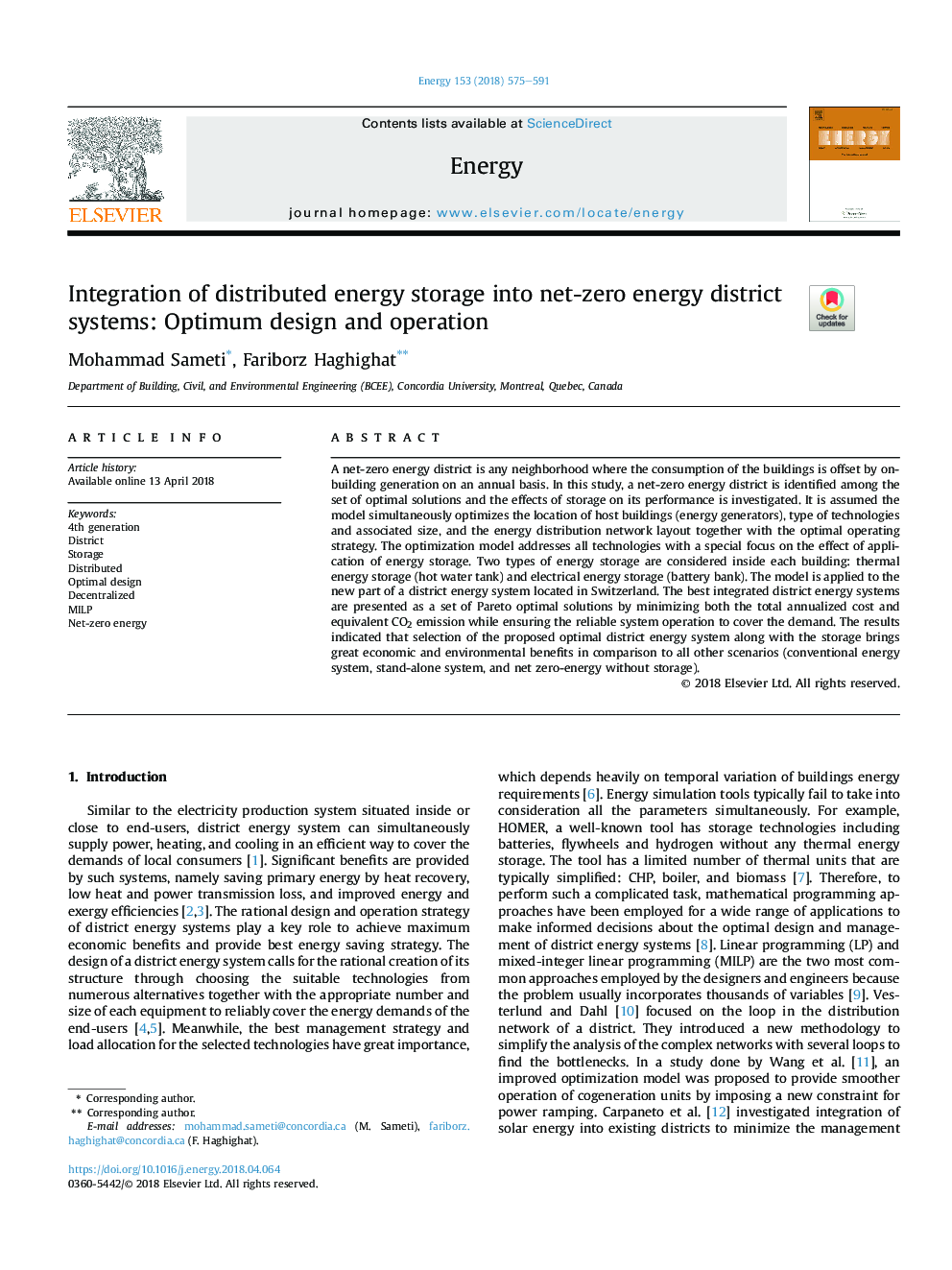 Integration of distributed energy storage into net-zero energy district systems: Optimum design and operation